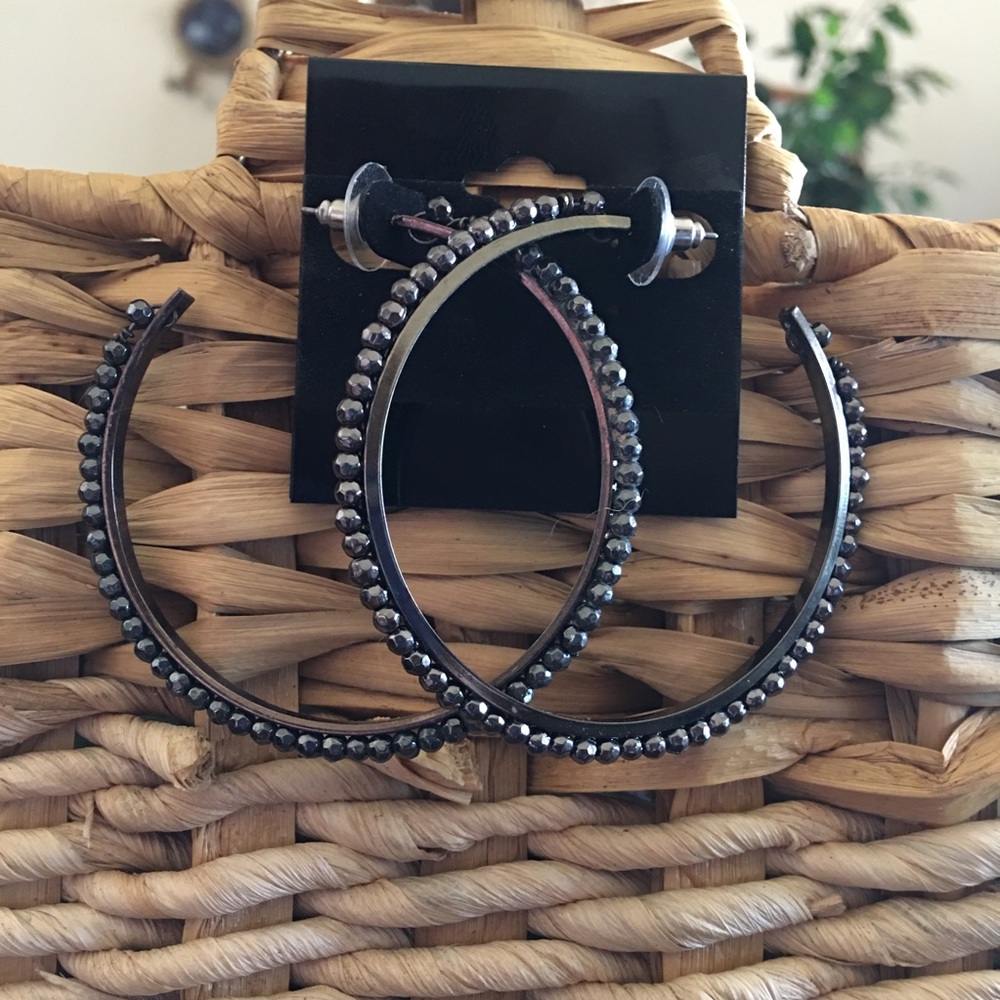Chrome tone sparkle beaded hoop earrings